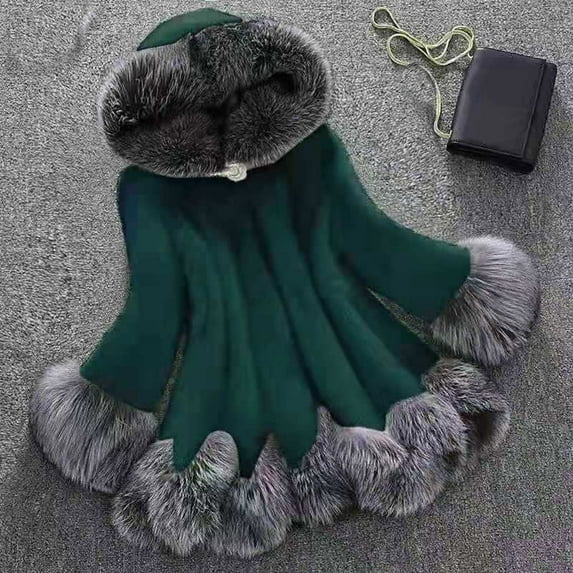 (clearance)IDALL Faux Fur Coat Trench Coat Women Lady Winter Hooded Warm Outwear Coat Plush Jacket Overcoat Parkas Peacoat Green M