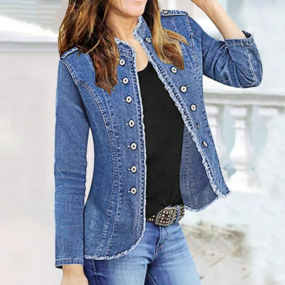 (clearance)IDALL Jackets for Women Jean Jacket Women 2023 Women's Denim Single Breasted Stand Collar Jacket Solid Color Slim Denim Motorcycle Jacket Denim Jacket Blue L