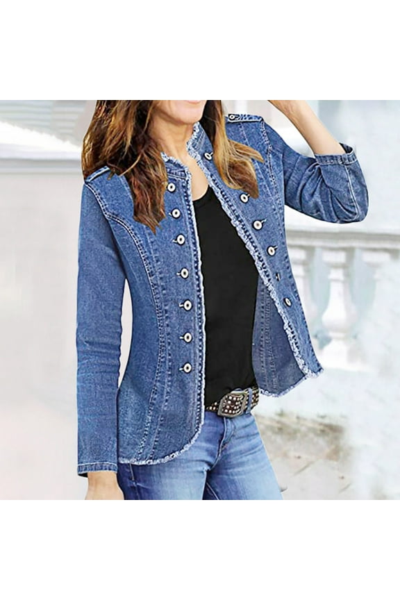 (clearance)IDALL Jackets for Women Jean Jacket Women 2023 Women's Denim Single Breasted Stand Collar Jacket Solid Color Slim Denim Motorcycle Jacket Denim Jacket Blue L