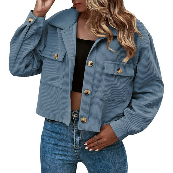 (clearance)IDALL Light Jackets for Wome Jackets for Women Casual Top Stand Collar Thick Buttoned Double Pocket Short Shirt Jacket Coats for Women Fall Jackets for Women 2025 Blue M