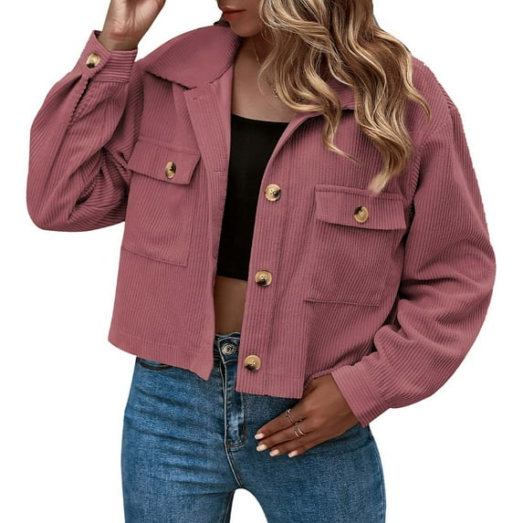 (clearance)IDALL Light Jackets for Wome Jackets for Women Casual Top Stand Collar Thick Buttoned Double Pocket Short Shirt Jacket Coats for Women Fall Jackets for Women 2025 Pink S