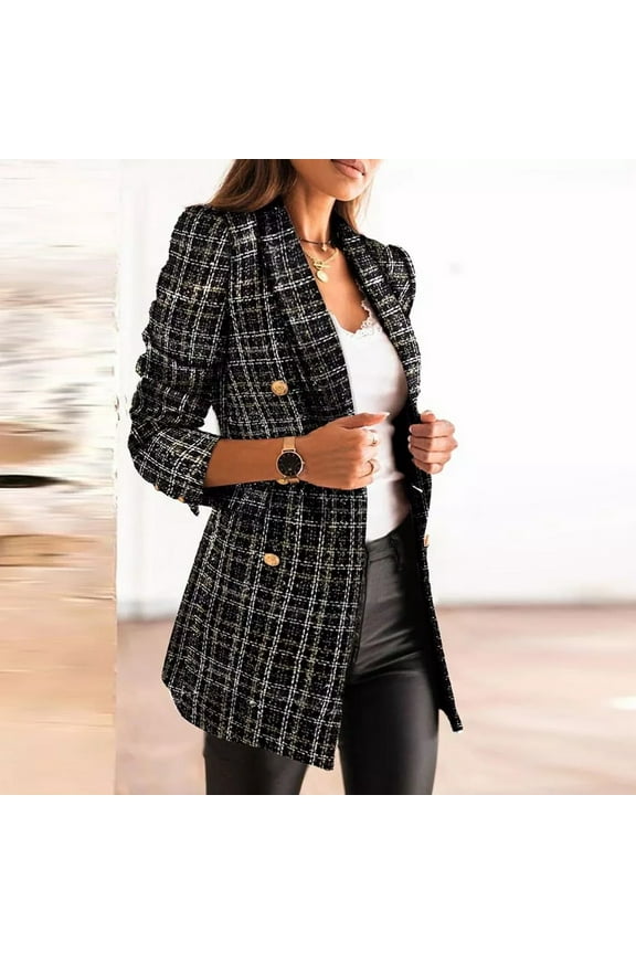 (clearance)IDALL Suits Blazers for Women's Long-sleeved Casual Suit Collar Printed Pocket Jacket Blazers for Women Business Casual Womens Blazer Black L