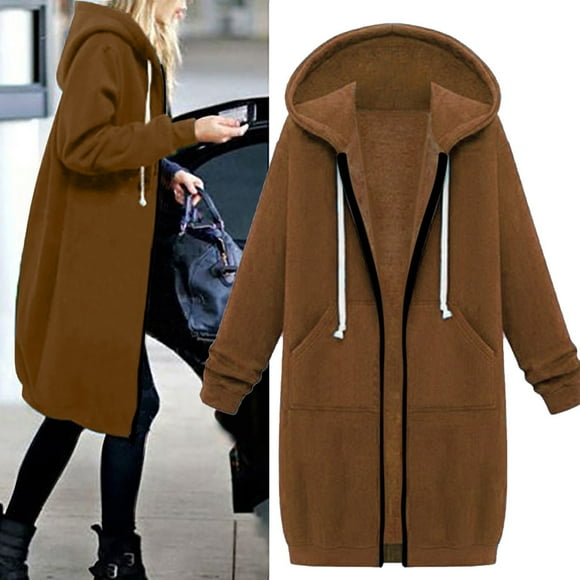 (clearance)IDALL Winter Jackets for Women Trench Coat Women Casual Long Hooded Drawstring Solid Zip Jacket Pockets Jacket Zipper Coat Parkas Peacoat Coffee L