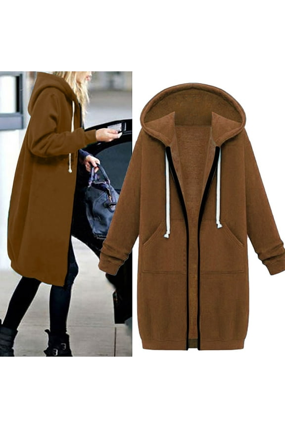 (clearance)IDALL Winter Jackets for Women Trench Coat Women Casual Long Hooded Drawstring Solid Zip Jacket Pockets Jacket Zipper Coat Parkas Peacoat Coffee L