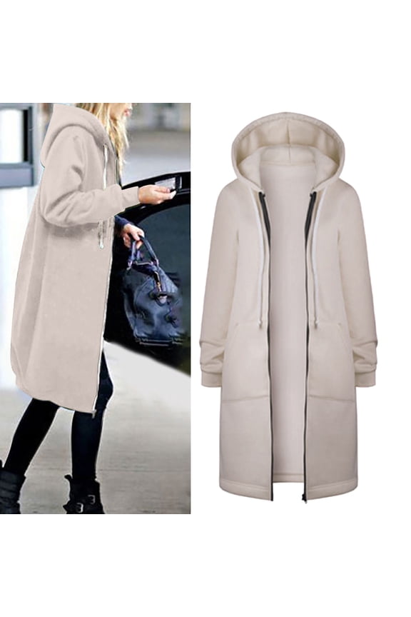 (clearance)IDALL Winter Jackets for Women Trench Coat Women Casual Long Hooded Drawstring Solid Zip Jacket Pockets Jacket Zipper Coat Parkas Peacoat Khaki M