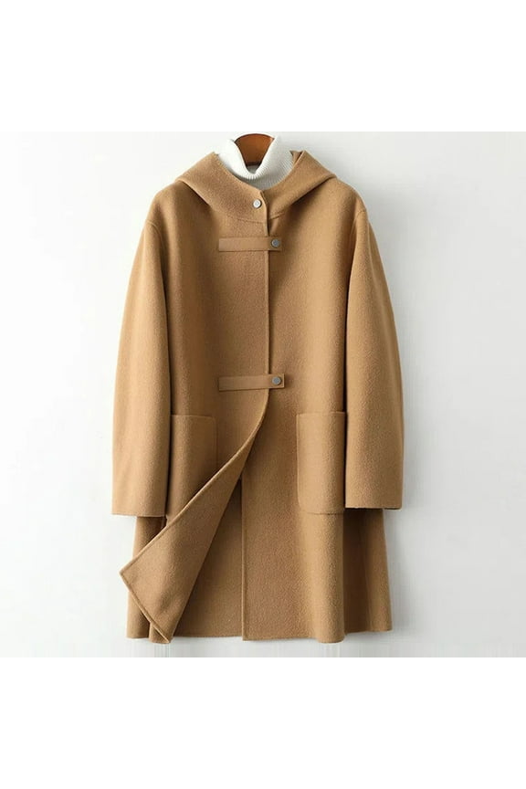 (clearance)IDALL Woolen Coat Trench Coat Women Breasted Wool Coat Lapel Long Trench Hooded Jacket Winter Coats Slim Woolen Jacket Long Outwear Parkas Peacoat Khaki L