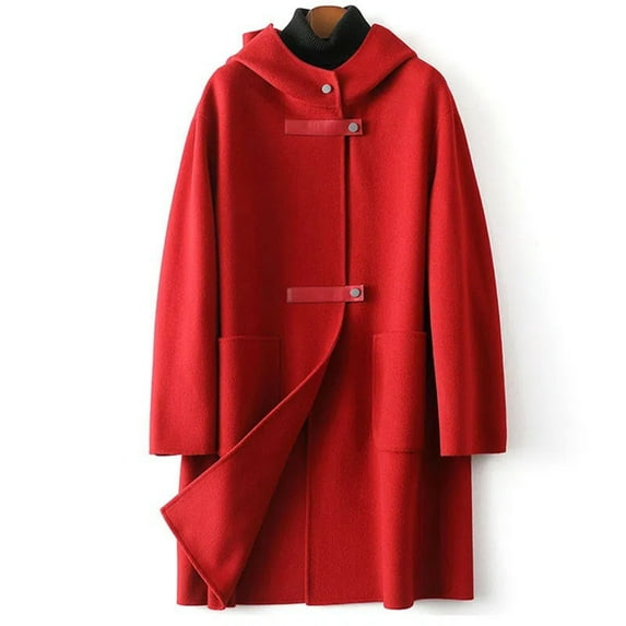 (clearance)IDALL Woolen Coat Trench Coat Women Breasted Wool Coat Lapel Long Trench Hooded Jacket Winter Coats Slim Woolen Jacket Long Outwear Parkas Peacoat Red M