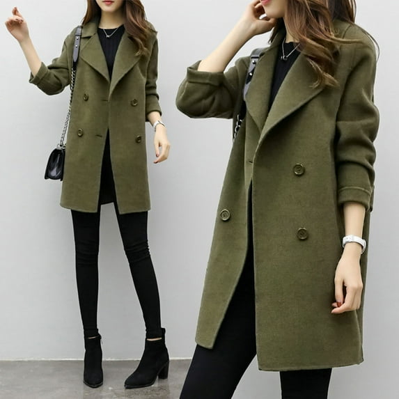 (clearance)IDALL Woolen Coat Trench Coat Women Womens Autumn Winter Outwear Casual Overcoat Cardigan Slim Coat Jacket Women's Coat Parkas Peacoat Green M