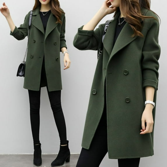 (clearance)IDALL Woolen Coat Trench Coat Women Womens Winter Slim Jacket Casual Outwear Double Breasted Cardigan Lapel Mid-length Coat Elegant Overcoat Parkas Peacoat Army Green L