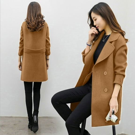 (clearance)IDALL Woolen Coat Trench Coat Women Womens Winter Slim Jacket Casual Outwear Double Breasted Cardigan Lapel Mid-length Coat Elegant Overcoat Parkas Peacoat Khaki Xl