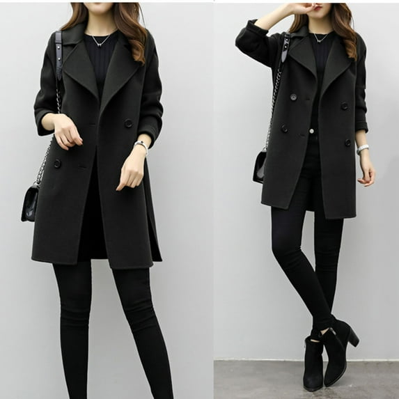 (clearance)IDALL Woolen Coat Trench Coat Women Womens Winter Slim Jacket Casual Outwear Double Breasted Cardigan Lapel Mid-length Coat Elegant Overcoat Parkas Peacoat Black 2xl