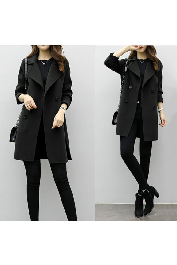 (clearance)IDALL Woolen Coat Trench Coat Women Womens Winter Slim Jacket Casual Outwear Double Breasted Cardigan Lapel Mid-length Coat Elegant Overcoat Parkas Peacoat Black L