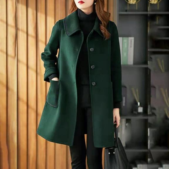 (clearance)IDALL Woolen Coat Trench Coat Women's Coat Casual Design Sense Stand Collar Solid Color Coat Parkas Peacoat Army Green L