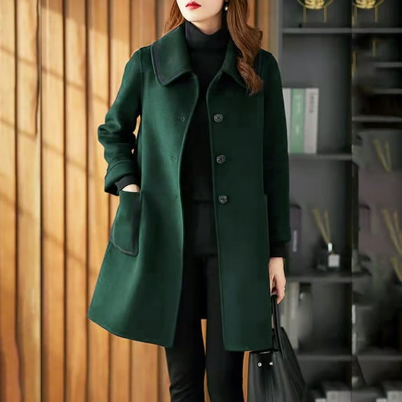 (clearance)IDALL Woolen Coat Trench Coat Women's Coat Casual Design Sense Stand Collar Solid Color Coat Parkas Peacoat Army Green L