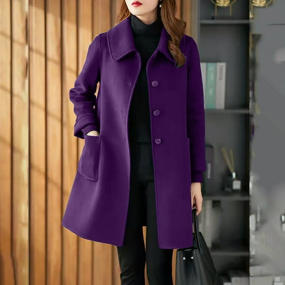 (clearance)IDALL Woolen Coat Trench Coat Women's Coat Casual Design Sense Stand Collar Solid Color Coat Parkas Peacoat Purple 3xl