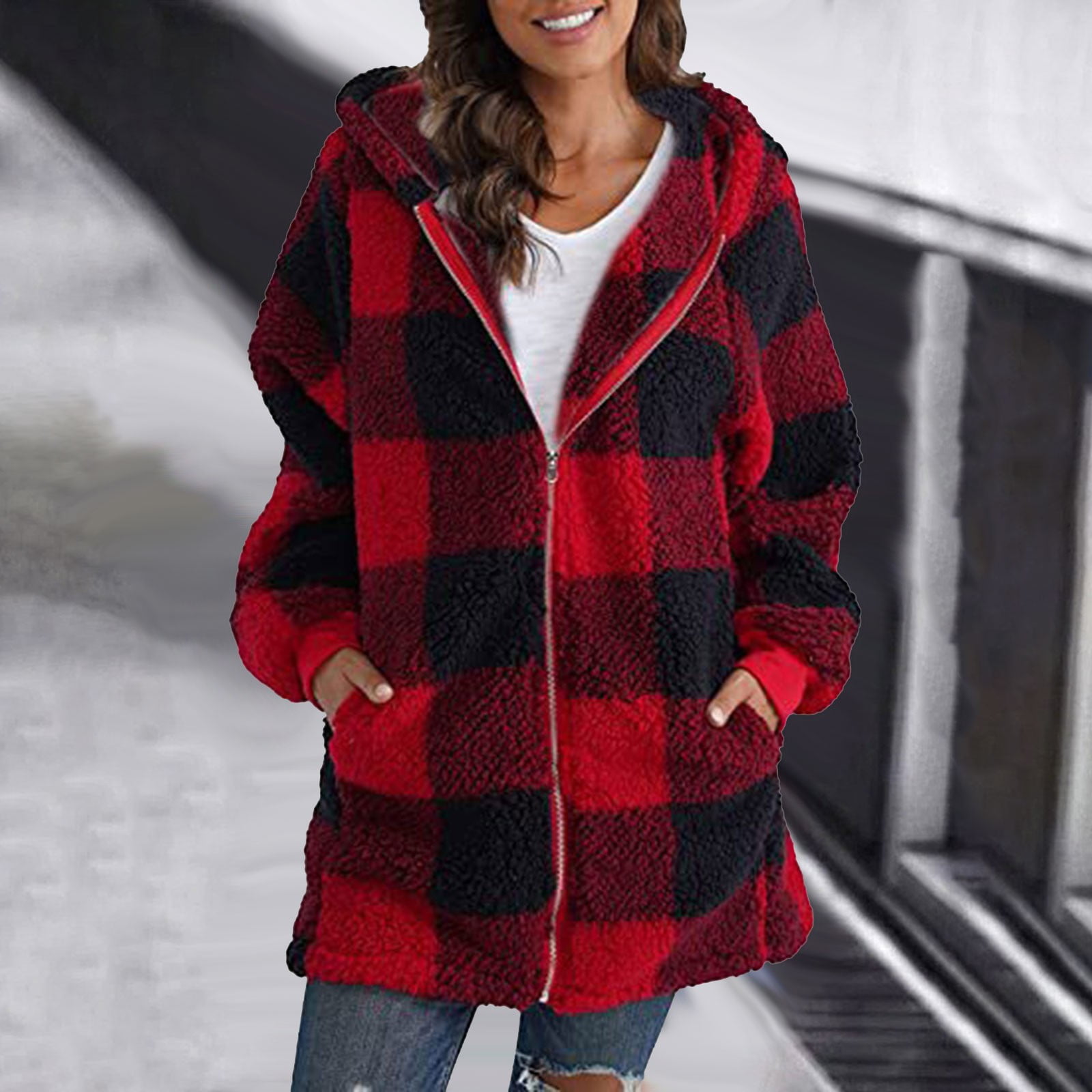 Plaid Pocket Zipper Long Sleeve Hooded Coats