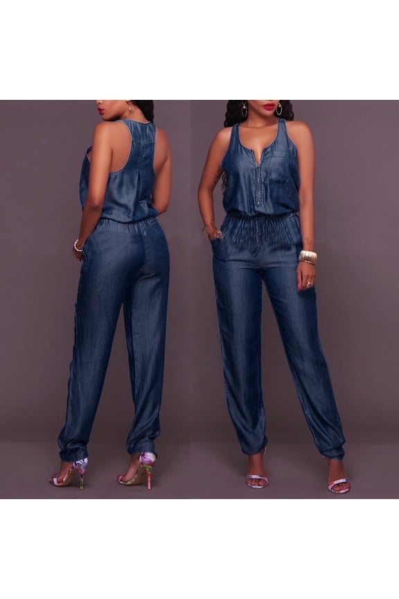 (clearance Sale)MSJUHEG Jumpsuits for Women Denim Romper Denim Jumpsuit for Women Rompers Shoulder Off Womens Casual Jumpsuits Pocket Denim Sleeveless Jeans Jumpsuit Overalls for Women Blue S