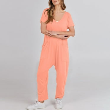 (clearance Sale)MSJUHEG Jumpsuits for Women Rompers for Women 2024 One Piece Jumpsuits for Women Wojumpsuits Stretchy Tee Rompers Short Sleeve V Neck Rompers with Pockets Fall Outfits Rose Gold 2xl