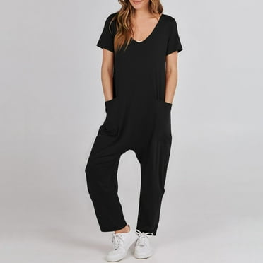 (clearance Sale)MSJUHEG Jumpsuits for Women Rompers for Women 2024 One Piece Jumpsuits for Women Wojumpsuits Stretchy Tee Rompers Short Sleeve V Neck Rompers with Pockets Fall Outfits Black L