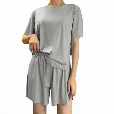 (clearance Sale)MSJUHEG Lounge Sets for Women Two Piece Sets Pajamas for Women Set Ms. Short Sleeved Shorts New Pajamas Set Outside the Round Neck Three Suit Home Wear Women's Pajama Sets Gray L