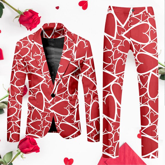 (clearance Sale)MSJUHEG Suits for Men Blazer for Men Lounge Pants Men's Valentine's Day Printed Casual Jacket and Pants Holiday Party Wear Two Piece Sets Pink 2xl
