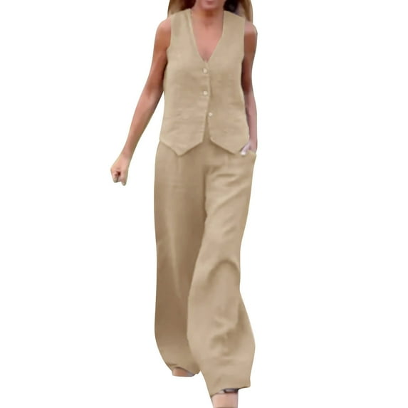 (clearance Sale)MSJUHEG Two Piece Sets Plain T Shirts Lounge Pants Women's Solid Color Suit Vest Pants Patchwork Casual Two Set Fall Tops Khaki L