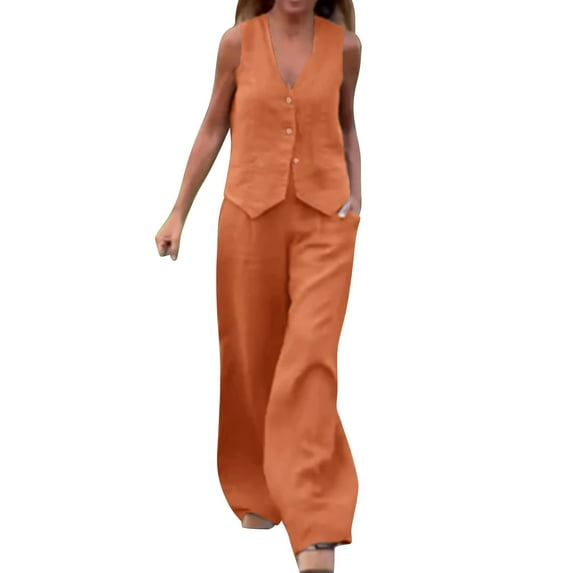 (clearance Sale)MSJUHEG Two Piece Sets Plain T Shirts Lounge Pants Women's Solid Color Suit Vest Pants Patchwork Casual Two Set Fall Tops Orange L