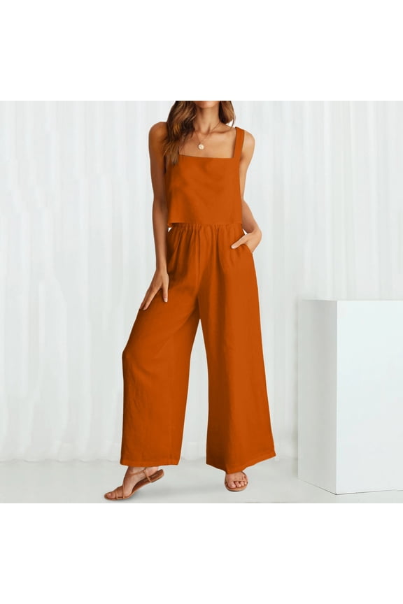 (clearance Sale)MSJUHEG Two Piece Sets Tank Tops Wide Leg Pants Women's 2 Outfits Square Neck Linen Tank Crop Top Wide Leg Pants Matching Set Tracksuit Lounge Sets Orange 2xl