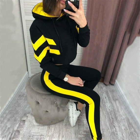 (clearance Sale)MSJUHEG Two Piece Sets Workout Tops Sweatpants Women Long Ladies Casual Fashion Hooded Sleeve Sportswear Block Suit Color Women Suits & Sets Lounge Sets Yellow Xl
