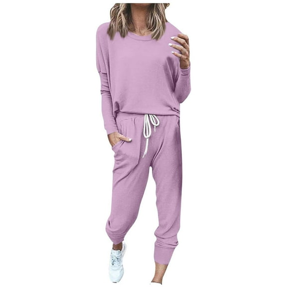 Outfmvch Workout Sets Two Piece Sets for Women Joggers for Women Long Sleeve Crewneck Tops Long Pants Tracksuit Sweatsuits Lounge Sets for Women Workout Sets for Women Z Purple L