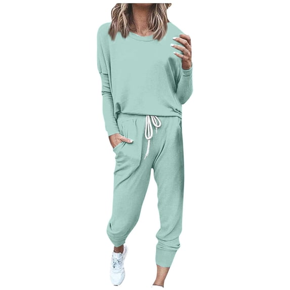Outfmvch Workout Sets Two Piece Sets for Women Joggers for Women Long Sleeve Crewneck Tops Long Pants Tracksuit Sweatsuits Lounge Sets for Women Workout Sets for Women Z Mint Green M