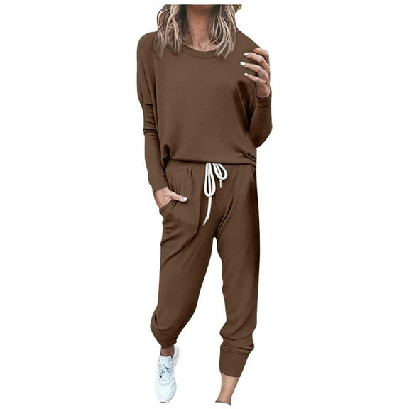 Outfmvch Workout Sets Two Piece Sets for Women Joggers for Women Long Sleeve Crewneck Tops Long Pants Tracksuit Sweatsuits Lounge Sets for Women Workout Sets for Women Z Coffee 1 XL