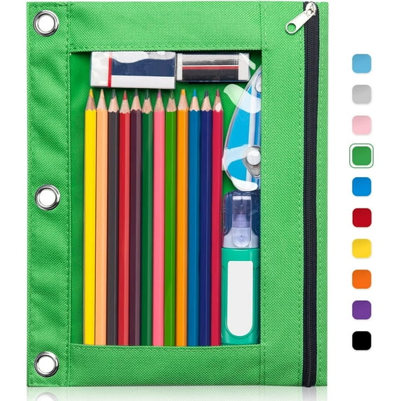 clearance items Pencil Pouch 3 Ring, Zipper Pencil Pouches Case Binder Cosmetic Bag Green 5 Pack