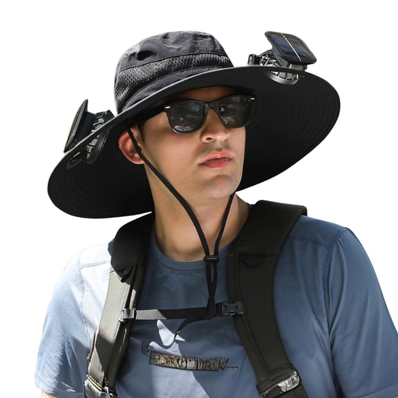 Wide Brim Solar Fan Hat, Hat with Fans Solar Power for Men Women, Solar & USB Charging Sombrero Con Ventilador Solar(Black)