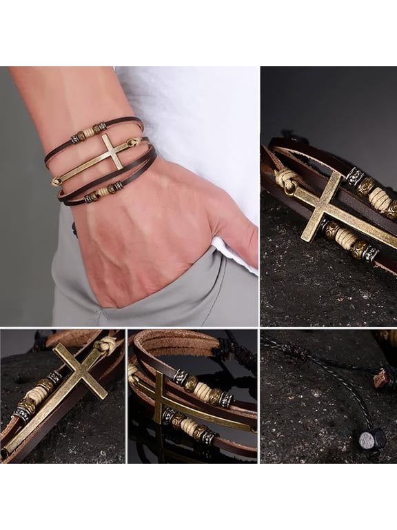clearance2024,Ayyufe Cross Bracelets Retro Men Women Leather Bracelet Bangle Chic Multi-lay Cross Bracelet Bangle Chain with Adjustabl