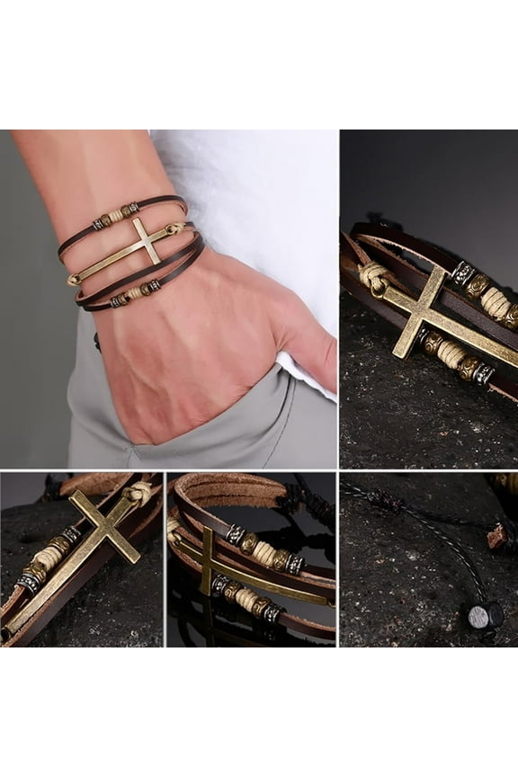 clearance2024,Ayyufe Cross Bracelets Retro Men Women Leather Bracelet Bangle Chic Multi-lay Cross Bracelet Bangle Chain with Adjustabl