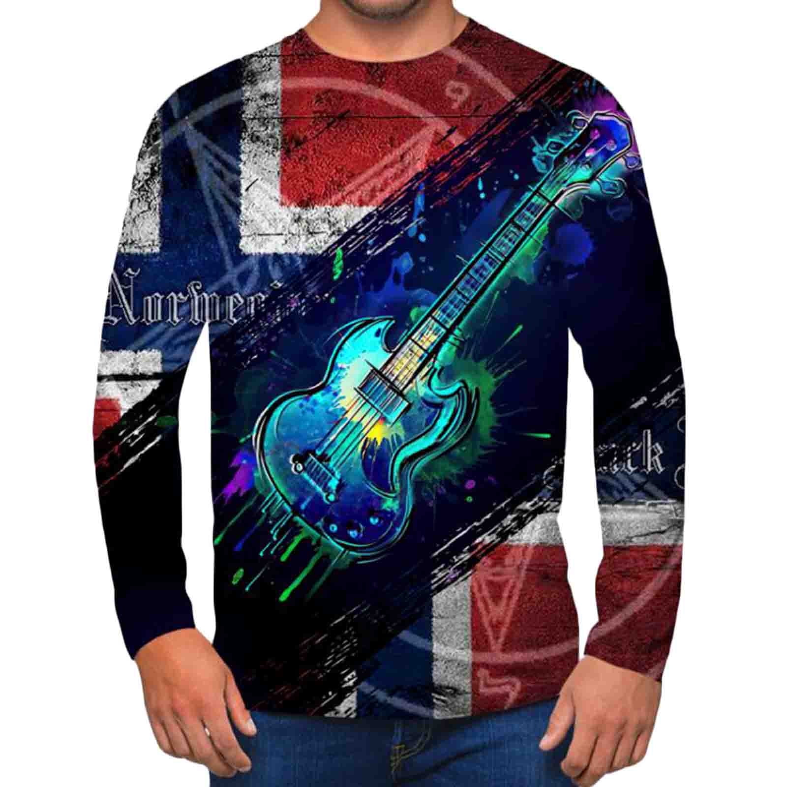 cllios 2024 Clearance Graphic Tees for Men Trendy 3D Guitar Print Long Sleeve Shirts Workout