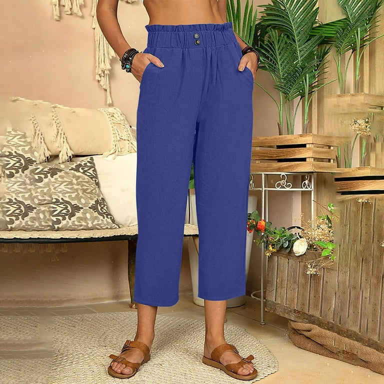 Womens Plus Size Pants Slacks Drawstring High Waist Cotton Linen Lounge  Pant Summer Casual Loose Fitted Trousers