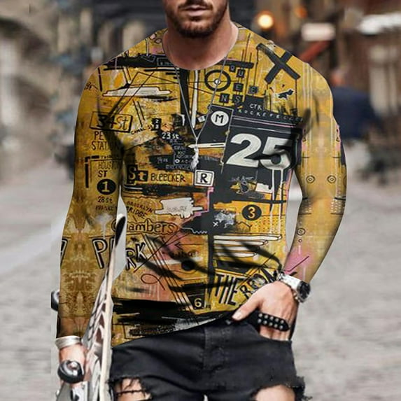 cllios 3D Print Shirts for Men Big and Tall Long Sleeve T-Shirt Casual Graphic Tees Regular Crewneck Pullover Top Sporty Workout Tops Yellow XXL