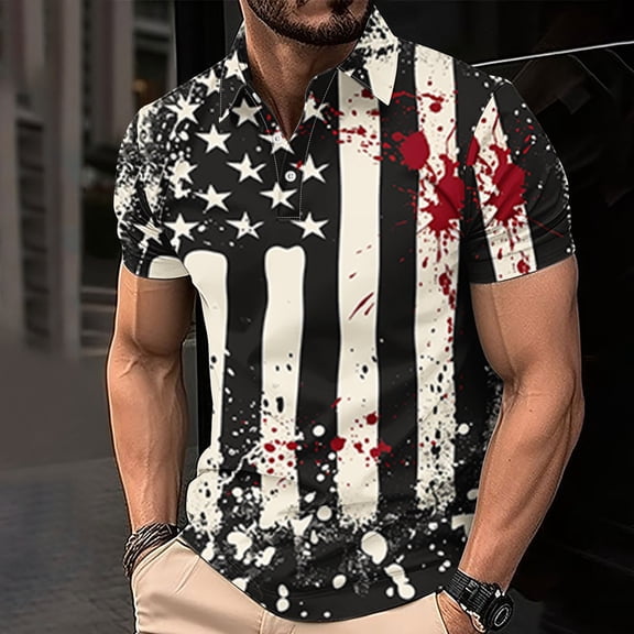 cllios 4th of July Big and Tall Golf Shirts for Men Funny USA Flag T Shirts Patriotic Short Sleeve Muscle Tshirts Slim Fit Button Up Tennis Shirts Camisetas Para Hombre