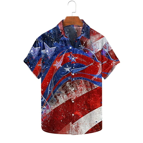 cllios 4th of July Hawaiian Shirts for Men Short Sleeve Printed Button Down Bowling T Shirts Patriotic Red White and Blue Shirts Summer Beach Vacation Shirts