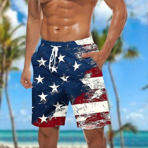 cllios 4th of July Men's Swim Trunks Big and Tall Quick Dry 5 inch Surfing Shorts Bathing Suits Patriotic American Flag Board Shorts Swimwear with Pockets