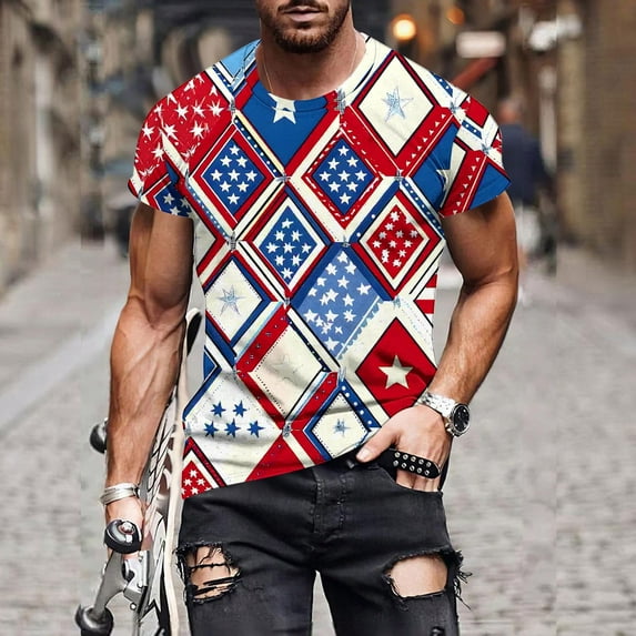 cllios 4th of July Mens Big and Tall Shirts Crewneck Muscle Tshirts Patriotic Red White and Blue Graphic Tee Independence Day Short Sleeve Workout Shirts