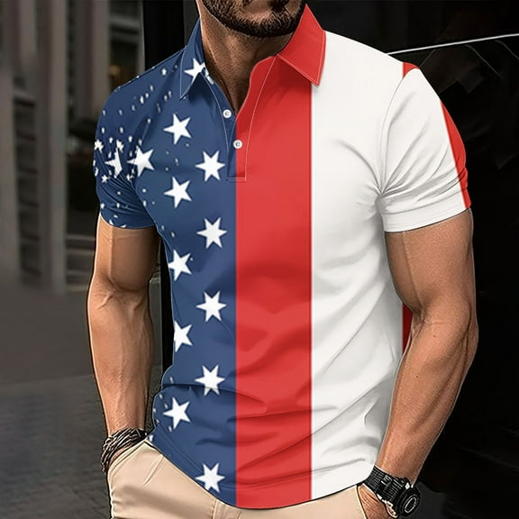 cllios 4th of July Mens Golf Shirts Independence Day Quick Dry Tennis T Shirts Patriotic Red White and Blue Graphic Tee Short Sleeve Button Collar Tshirts
