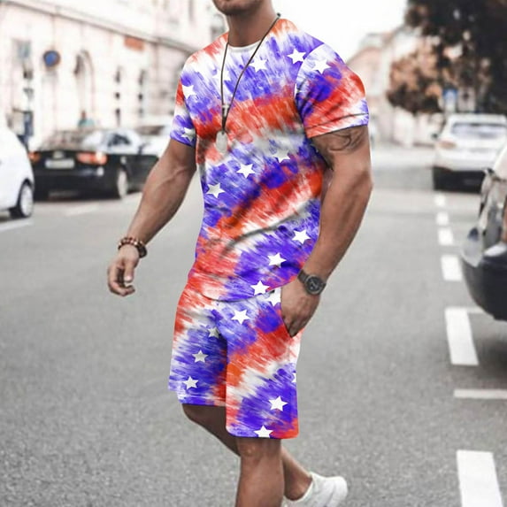 cllios 4th of July Outfit for Men 2 Piece Set Independence Day Mens Athletic Outfits Short Sleeve Shirts and Drawstring Shorts Set American Flag Matching Suits Independence Day Workout Tracksuits