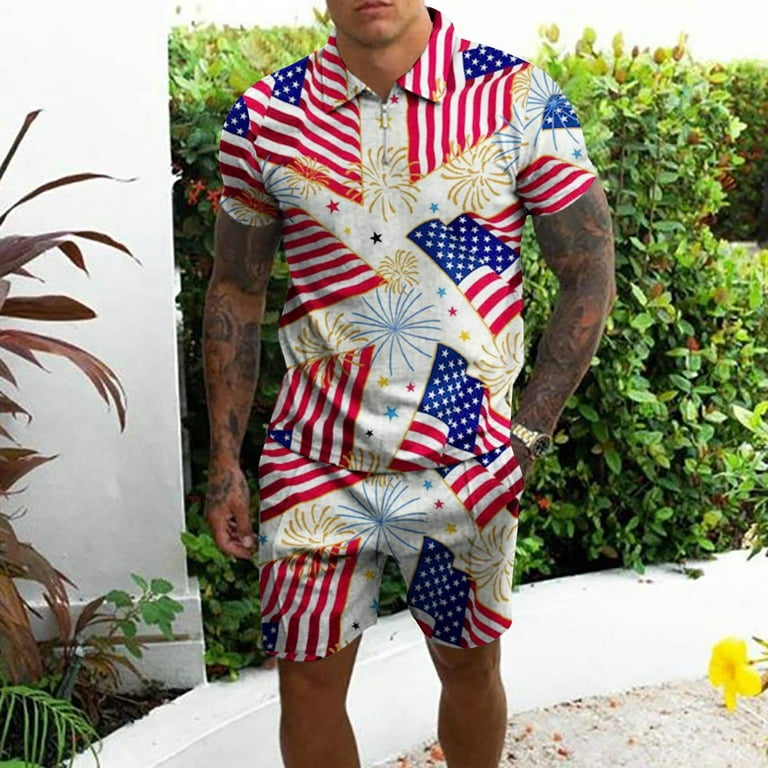 cllios 4th of July Outfits for Men 2 Piece Patriotic American Flag