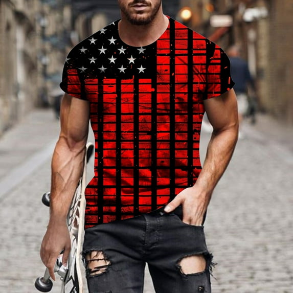 cllios 4th of July Shirts for Men Patriotic Red White and Blue Graphic Tees Regular Fit Round Neck Top Vintage Short Sleeve T Shirt July 4th Mens Gifts