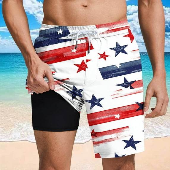 cllios 4th of July Swim Trunks Mens with Compression Liner 2 in 1 Quick Dry Board Shorts Funny Red White and Blue Graphic Surfing Shorts Lightweight Drawstring Beach Shorts Bathing Suits
