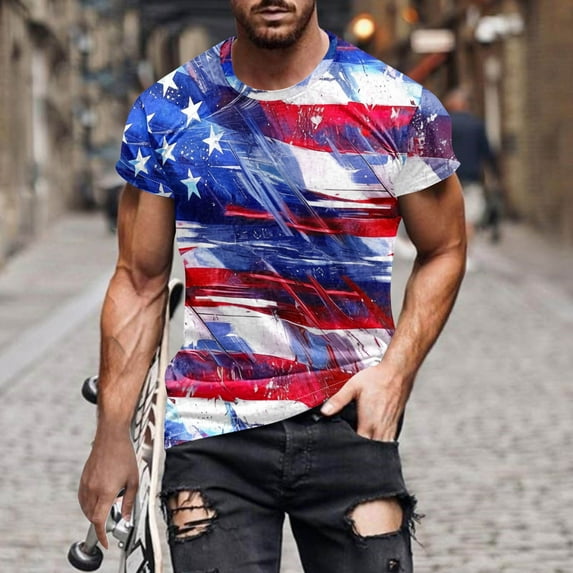 cllios 4th of July T Shirts for Men American Flag Patriotic Gym Tees Distressed Red White Blue Graphic Tee Shirts Summer Short Sleeve Crewneck Workout Shirts