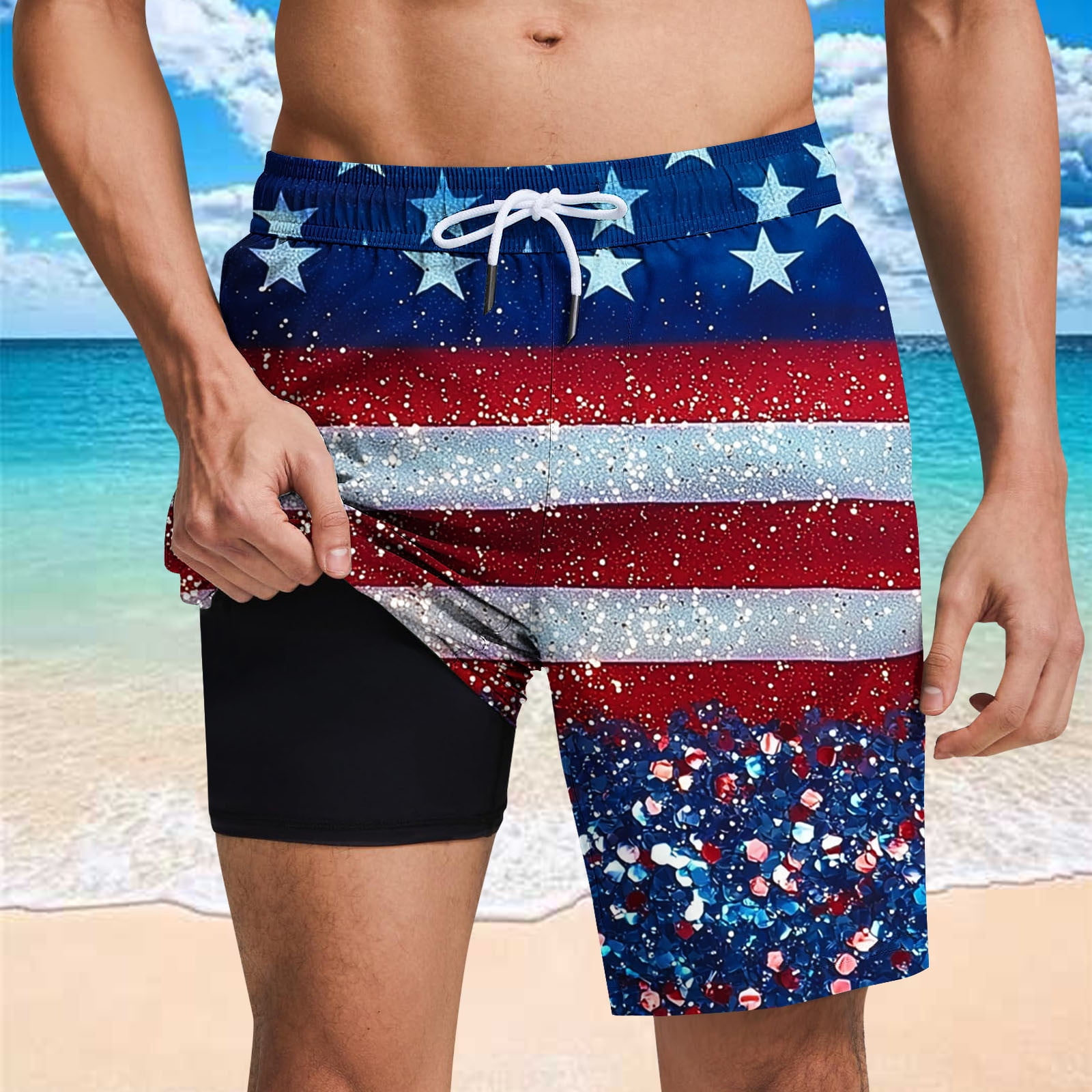 cllios 4th of July American Flag Swim Trunks for Men Summer Drawstring ...